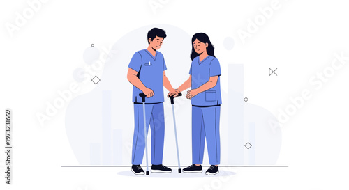 Nurse helping patient with crutches, physical therapy, rehabilitation, medical care