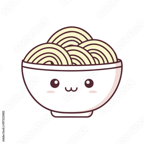 Adorable cartoon bowl of spaghetti noodles with a cute happy face expressing joy