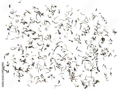 Fotografie Scattered dried tea leaves on Transparent background, isolated loose leaf tea pieces spread across frame, natural brown and olive tones