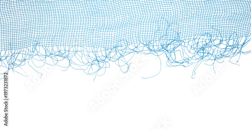 Cuadro en lienzo Blue net fabric mesh with frayed threads hanging over Transparent background, abstract textile edge with copy space, minimal studio lighting