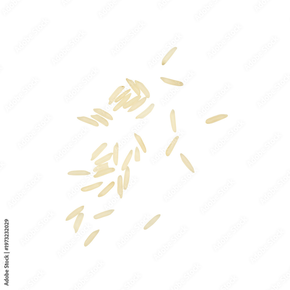 Obraz premium Scattered uncooked white rice grains isolated on Transparent background, minimal food texture with copy space.
