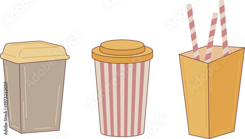 Three types of drink containers with different lids and straws
