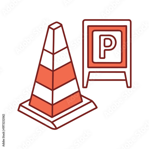 Illustration of an orange and white traffic cone with a parking sign in the background isolated on a transparent background