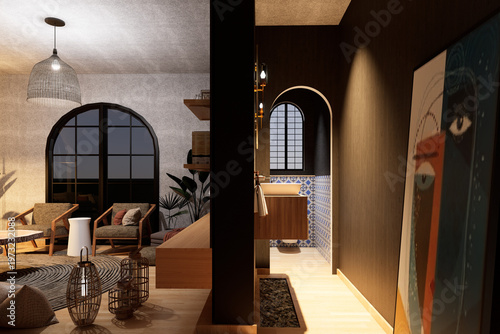 Bild auf Leinwand Modern Luxury Apartment Interior with Living Room and Bathroom Archway Design 3D