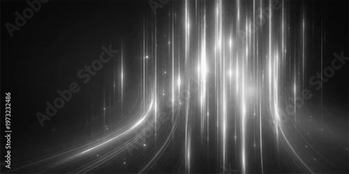 A dark abstract wave pattern creates a digital motion effect across a black and white texture backdrop with a bright spotlight glow and artful laser light rays for a modern wallpaper design