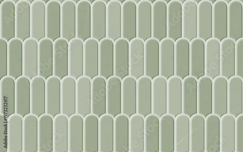 Seamless pattern. Light green scallop tile wall and floor texture. Fish scale pattern. Tileable background. 