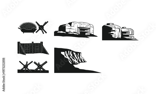 Military defense fortifications vector silhouette bunker obstacles