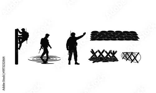 Military soldiers and battlefield obstacles silhouette vector illustration set on white background