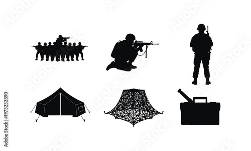 Military soldiers, tent, camouflage net and equipment silhouette vector illustration
