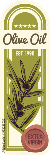 Vintage olive oil label featuring olive branches and establishment year 1990