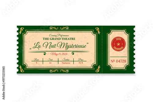 Green vintage  ticket template with text isolated on transparent background. Retro  coupon.Decorative element for cinema, party, event, festival.Realistic template in green and beige colours. Vector  