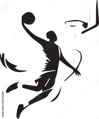 Basketball player silhouette jumping for dunk over transparent background.