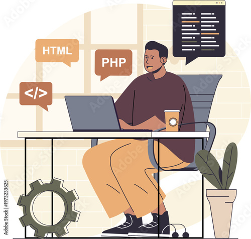 A programmer working on web development projects with coffee in hand
