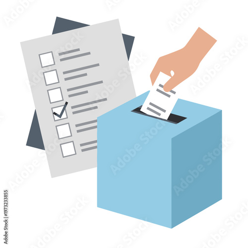 Voting Process: Hand Casting Ballot into Blue Box, Checklist Document