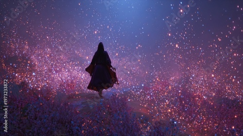 Mysterious hooded figure emerges from a field of glowing abstract lights under a starry purple sky