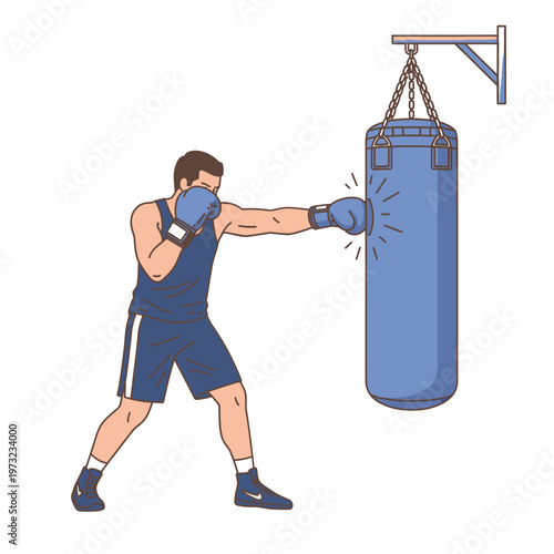 Boxer training, punching a blue punching bag, intense workout, sports illustration