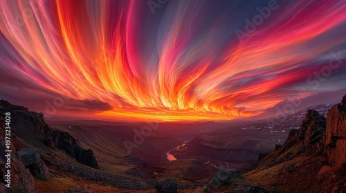 Fiery orange and crimson aurora bands creating a majestic celestial spectacle over a vast landscape at night