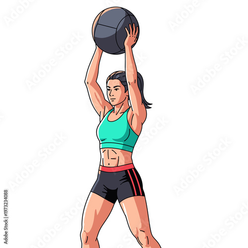 Fit Woman Lifting Medicine Ball Overhead, Strength Training Exercise