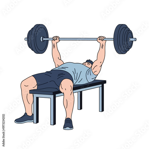 Man doing bench press exercise with barbell on bench, weightlifting, fitness, strength training