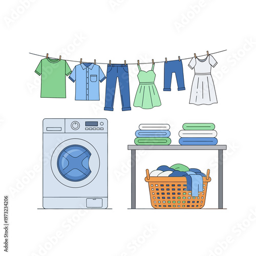 Laundry day: Clothes drying on a line next to a washing machine and basket