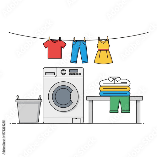 Laundry day scene with washing machine, clothesline, and folded garments