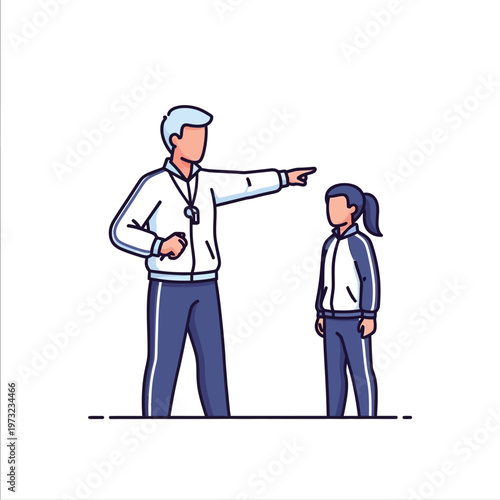 Coach Instructing Young Athlete, Sports Training, Guidance Concept, Teamwork, Flat Design