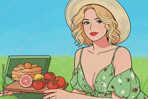 Young Woman with Food Tray in Nature