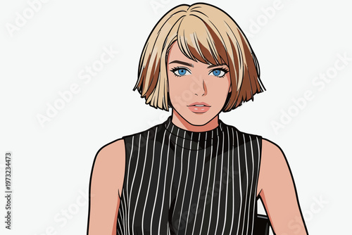 Blonde woman with short bob hairstyle in black striped top