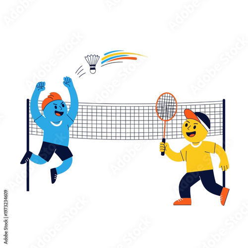 Children playing badminton, happy kids enjoying sports, outdoor recreation, healthy lifestyle, cartoon illustration