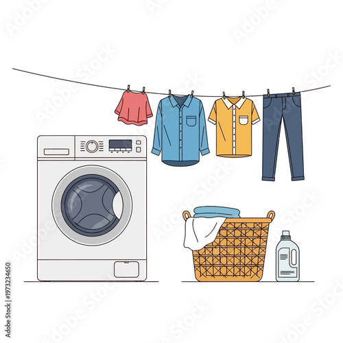 Laundry day: Washing machine, clothesline, basket, detergent bottle, fresh laundry