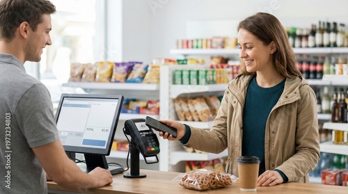 Smiling woman paying with smartphone at supermarket checkout. Female customer using contactless mobile payment at convenience store counter