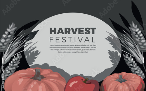 Harvest festival poster with pumpkins and wheat
