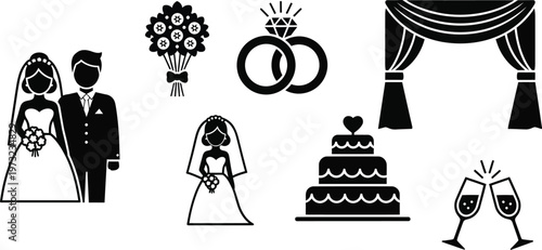 Wedding celebration icons. Bride and groom, interlocking wedding rings, a bouquet, a wedding arch, a cake, and champagne flutes. 