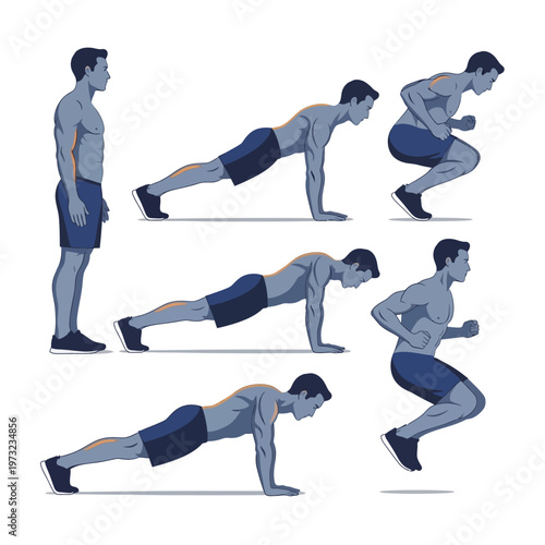 Man Performing Burpee Exercise Sequence: Standing, Plank, Jump