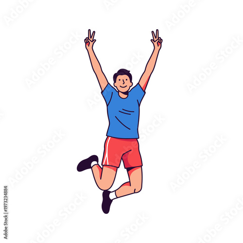 Excited Man Jumping in Air with Peace Signs, Celebrating Victory and Success