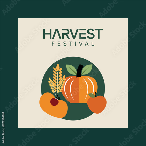Harvest festival logo with pumpkins and wheat