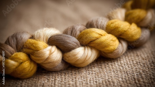 Intricately Twisted Natural Yarn Fibers in Warm Earthy Tones on a Textured Background