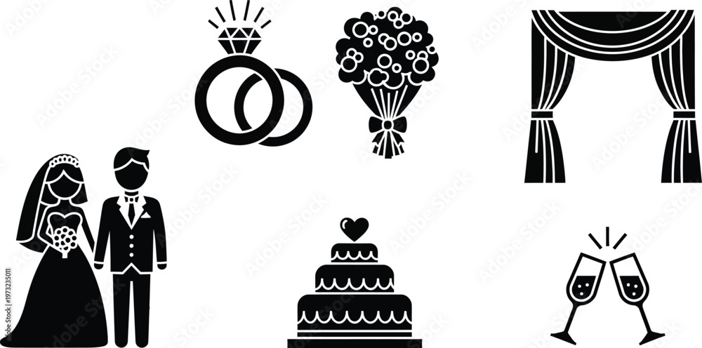 Naklejka premium Wedding celebration icons. Bride and groom, interlocking wedding rings, a bouquet, a wedding arch, a cake, and champagne flutes. 