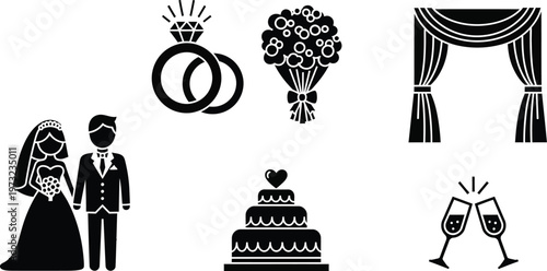 Wedding celebration icons. Bride and groom, interlocking wedding rings, a bouquet, a wedding arch, a cake, and champagne flutes. 