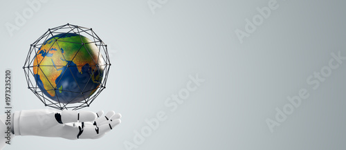 Robotic hand holding Earth sphere with geometric frame on light background re...