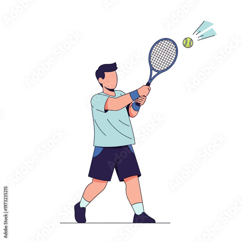 Man playing tennis, hitting ball with racket, sports illustration, active lifestyle