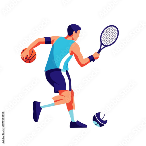 Multi-sport athlete playing basketball, tennis, and soccer with athletic gear