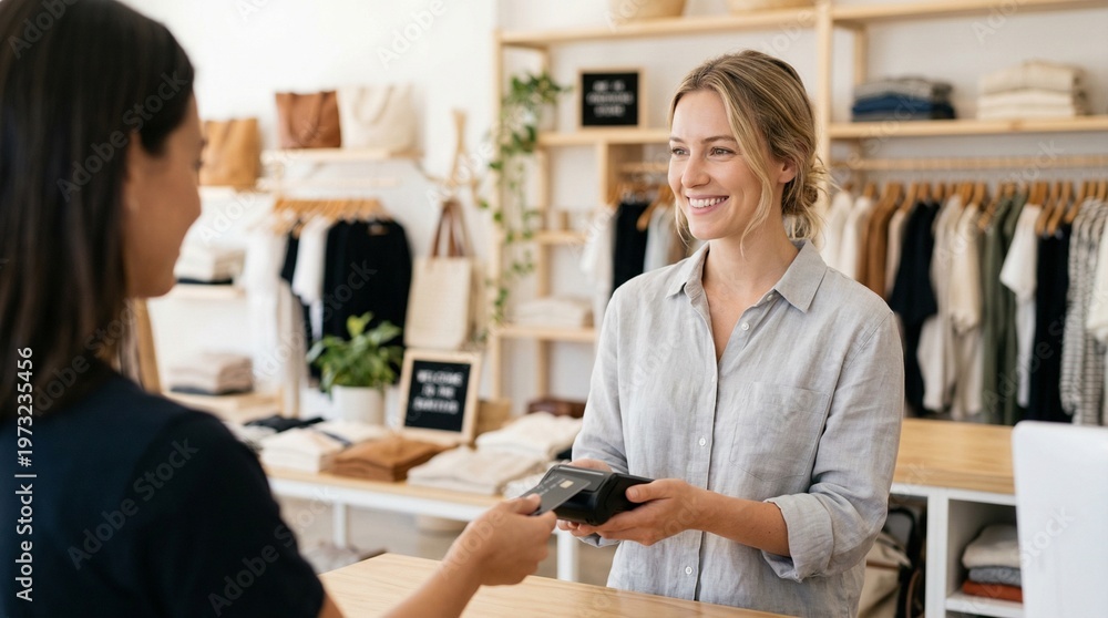 Fototapeta premium Contactless payment in a clothing boutique. Smiling female shop assistant holding card terminal for customer. Modern retail transaction in fashion store