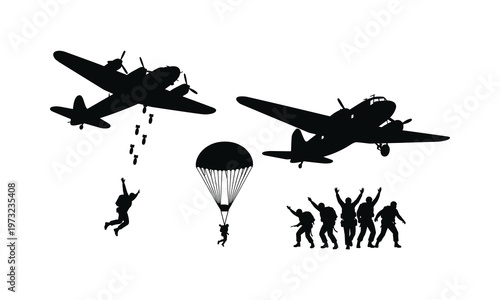 Military aircraft vector silhouette illustration set paratroopers.