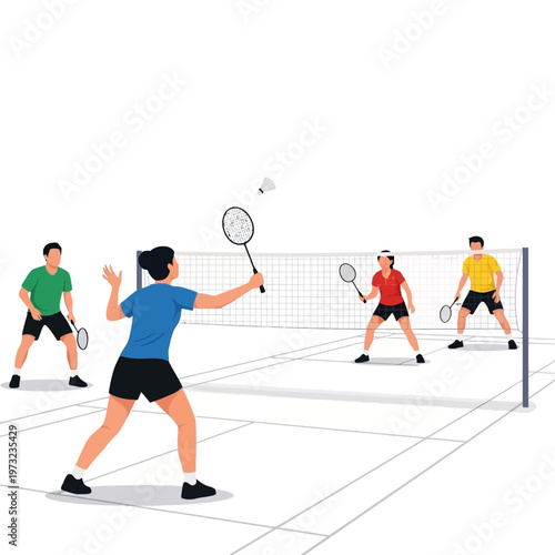 People playing badminton doubles match on court with net, shuttlecock and racquets