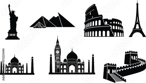 Global landmark silhouettes icons, including the Eiffel Tower, Colosseum, Statue of Liberty, Big Ben, Taj Mahal, Pyramids, and Great Wall of China. 