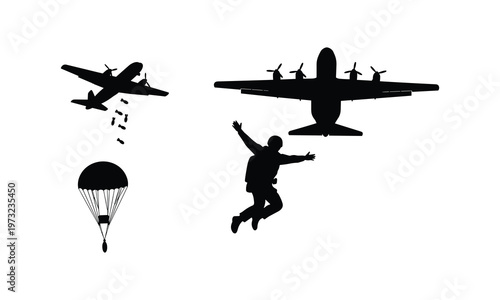 Military aircraft, paratrooper, bombs, and parachute vector silhouette illustration.