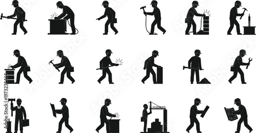 Silhouettes of construction workers performing various building and welding tasks Keywords: construction, worker, silhouette