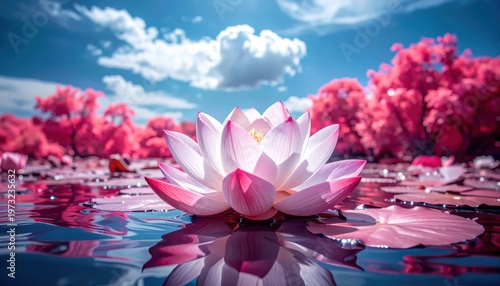 Serene Pink Lotus Flower Floating on Water with Vibrant Pink Trees.