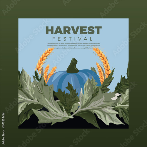 Harvest festival poster with blue pumpkin and wheat